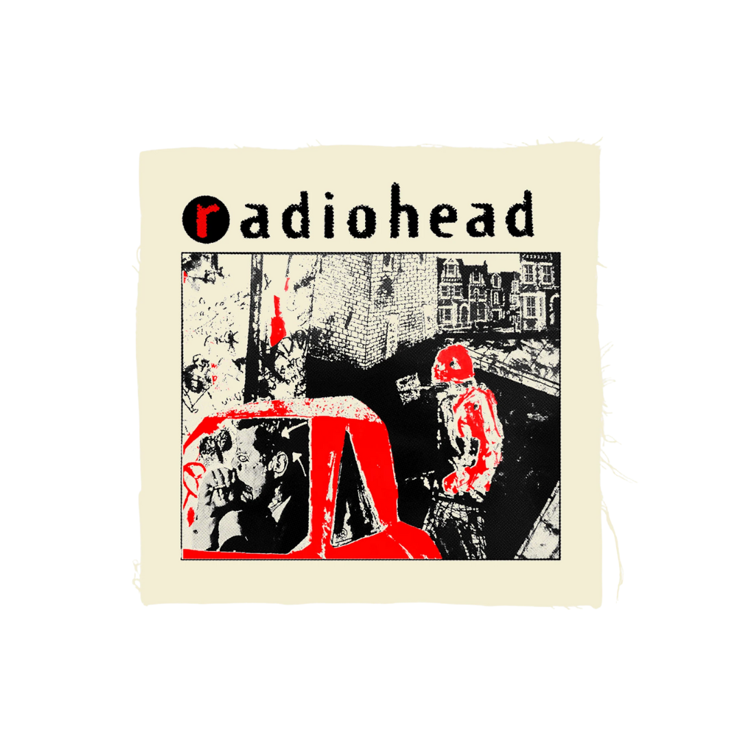 Album cover with Radiohead logo and stylized illustration on a beige background