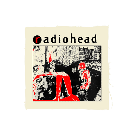 Album cover with Radiohead logo and stylized illustration on a beige background
