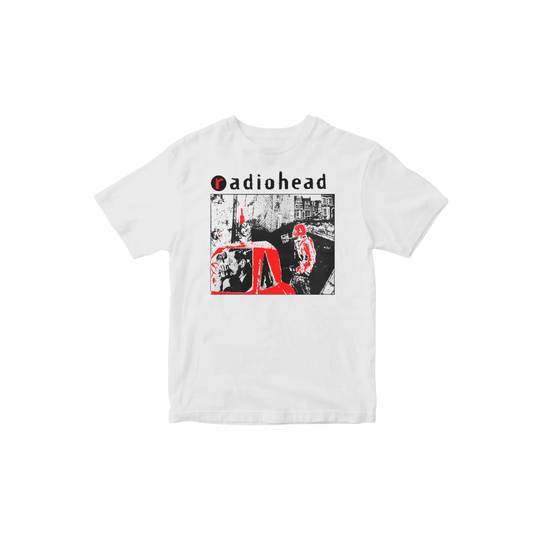 White t-shirt with Radiohead graphic design on a white background
