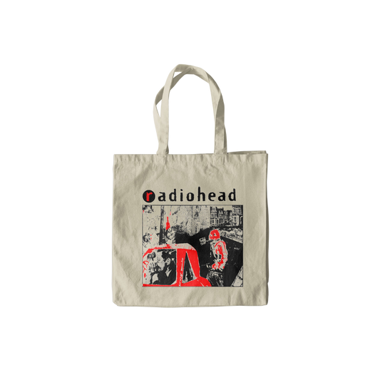 Tote bag with Radiohead logo and album cover design on a white background
