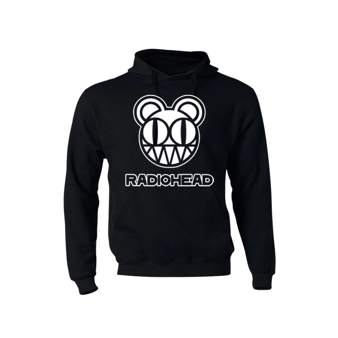 Black hoodie with Radiohead logo on a white background