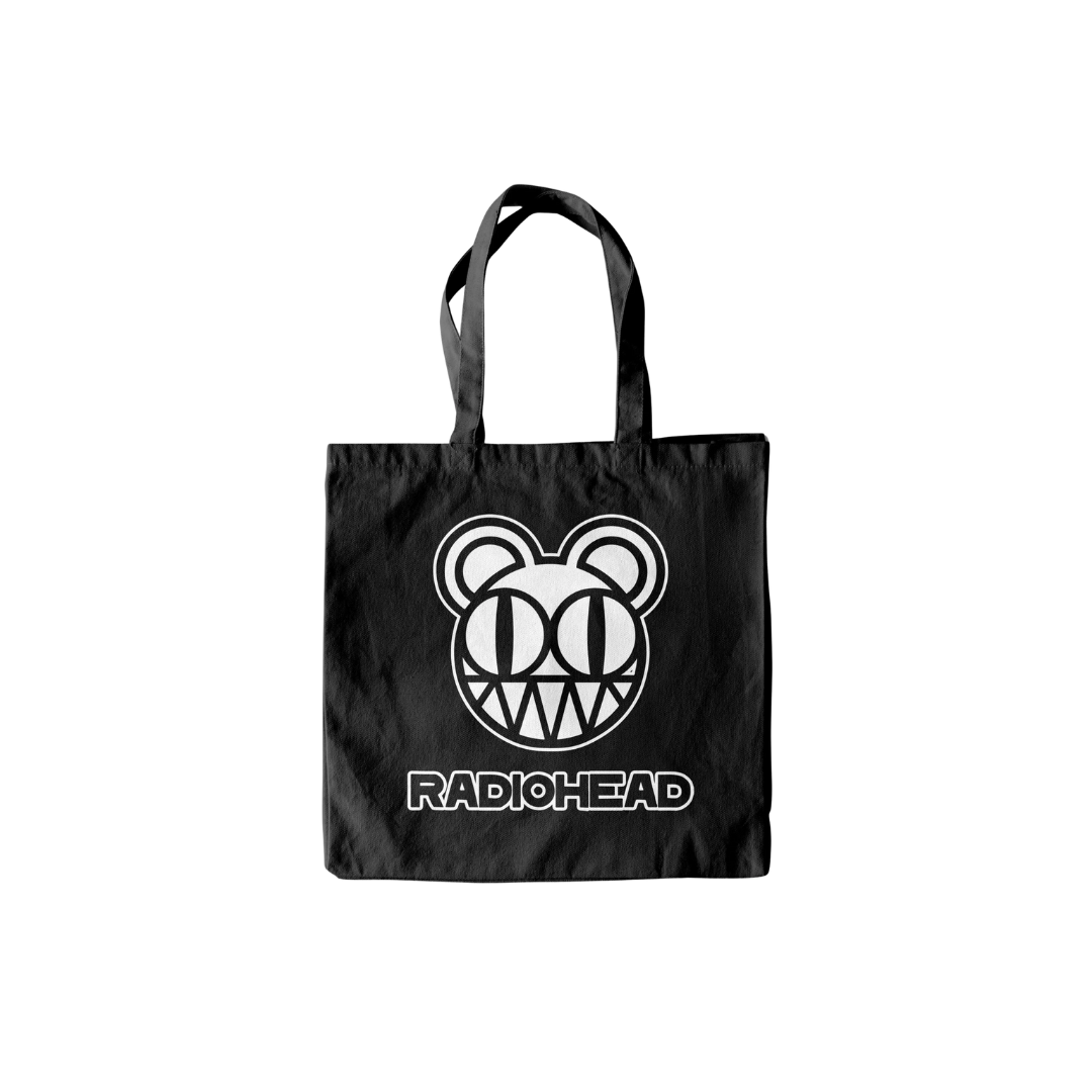 Black tote bag with Radiohead logo on a white background
