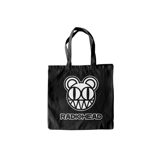 Black tote bag with Radiohead logo on a white background