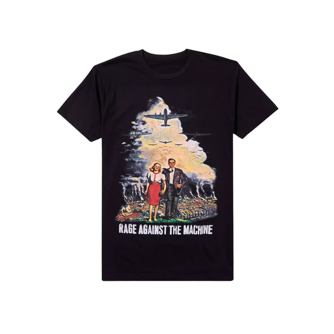 Black t-shirt with a graphic design and 'Rage Against The Machine' text on a white background