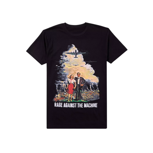 Black t-shirt with a graphic design and 'Rage Against The Machine' text on a white background