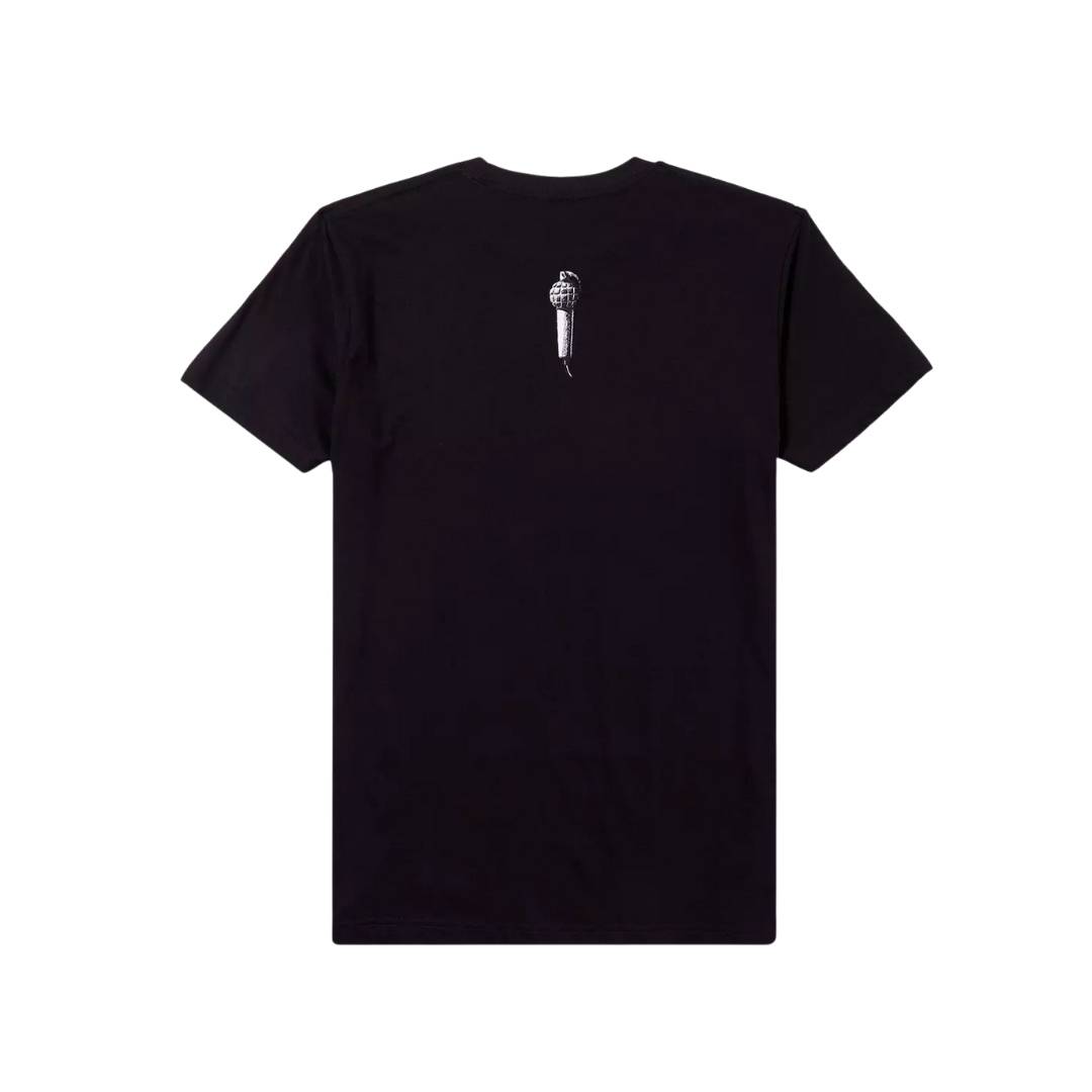 Black t-shirt with a small white graphic on the back against a white background