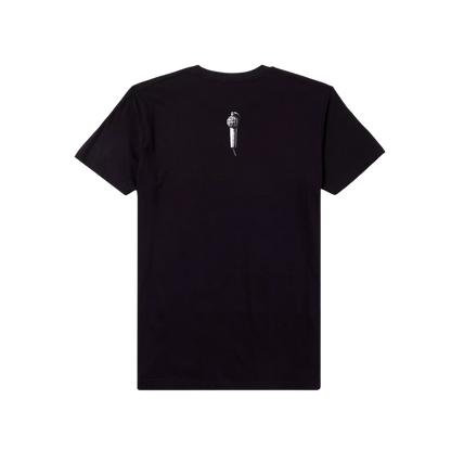 Black t-shirt with a small white graphic on the back against a white background