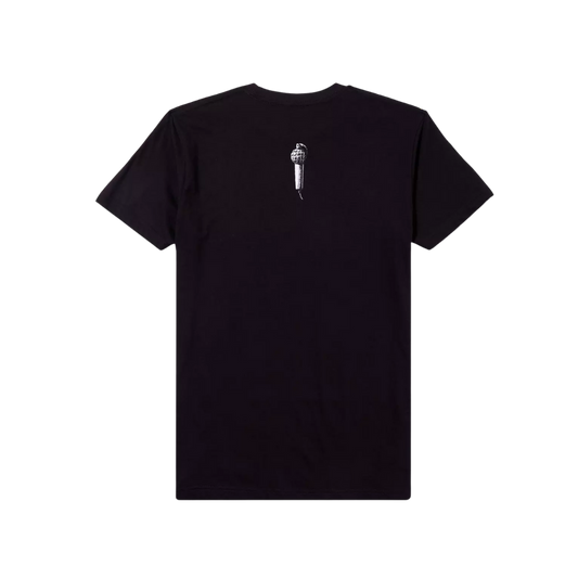 Black t-shirt with a small white graphic on the back against a white background