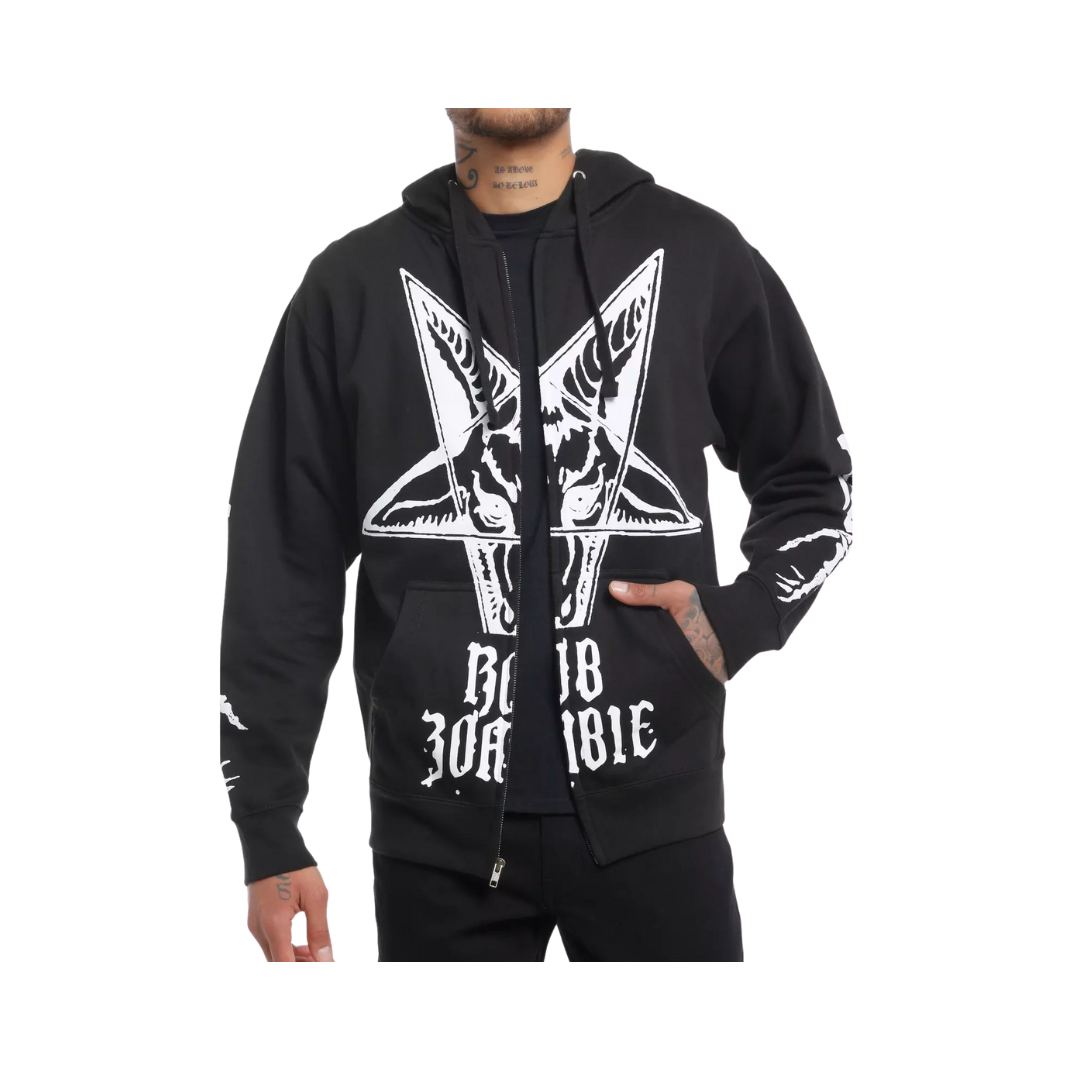 Black hoodie with white graphic design and text 
