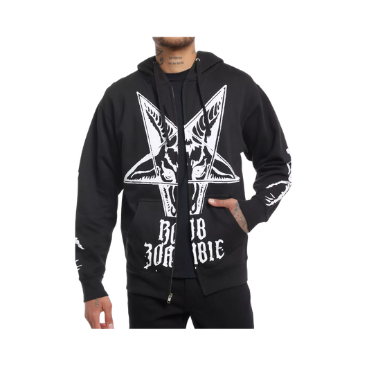 Black hoodie with white graphic design and text 