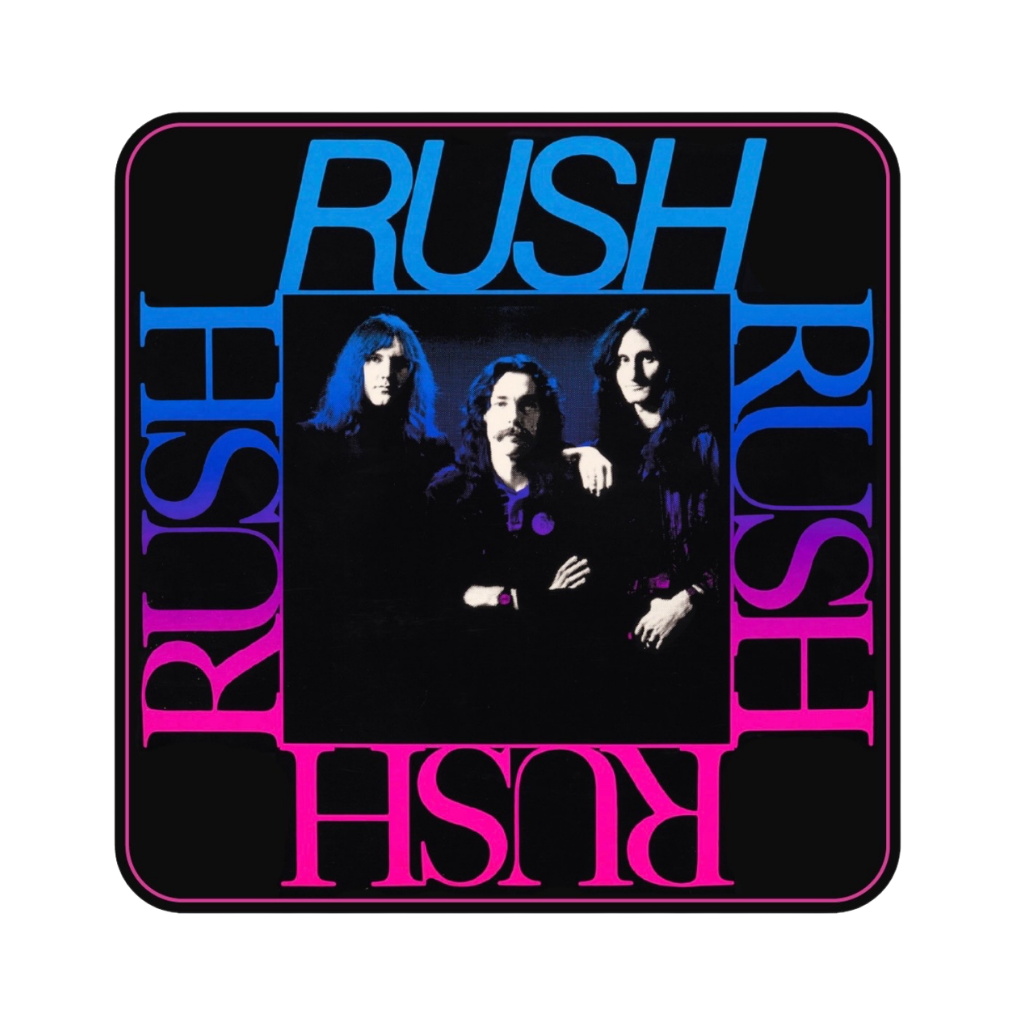 Sticker with 'Rush' band members and the band name repeated in colorful text.