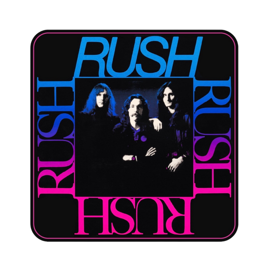 Sticker with 'Rush' band members and the band name repeated in colorful text.