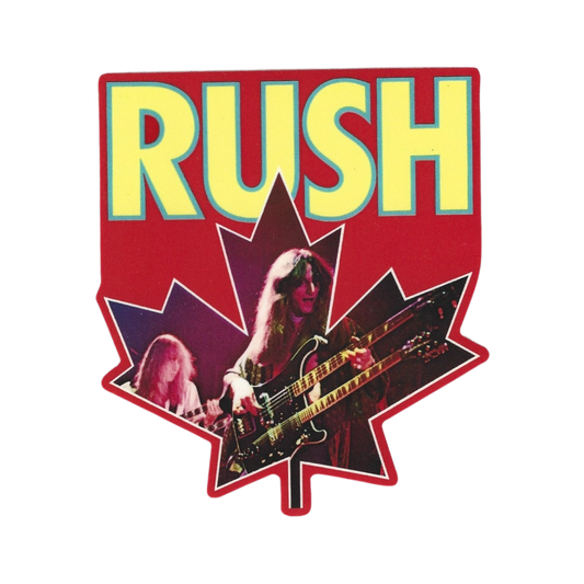 Logo of the band 'Rush' with a stylized maple leaf and band members playing guitar.