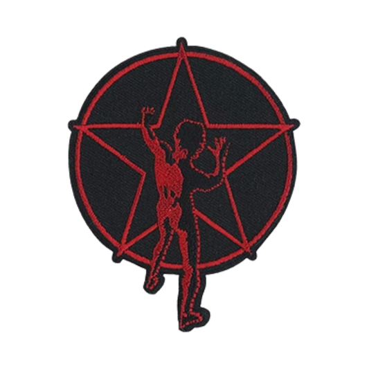 Black patch with red pentagram and silhouette on a white background
