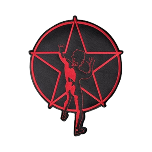 Black and red pentagram with a silhouette of a person on a white background