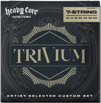 Trivium guitar string set packaging with brand name and product details.