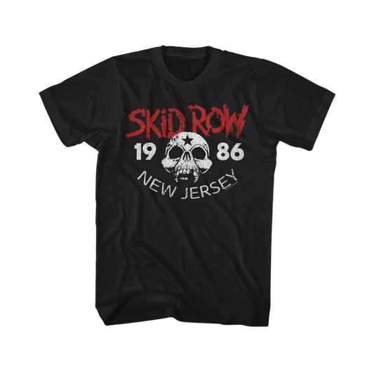 Black t-shirt with 'Skid Row 1986 New Jersey' graphic design on a white background