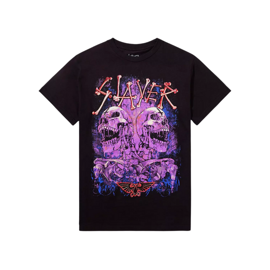 Black t-shirt with Slayer graphic design on a white background