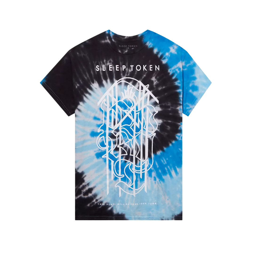 Tie-dye t-shirt with 'Sleep Token' logo on a white background