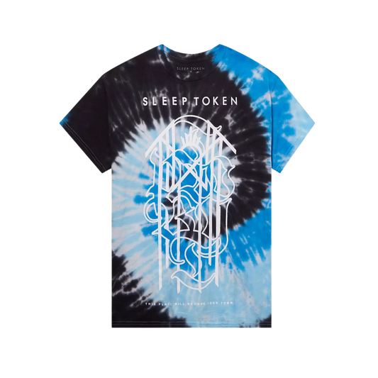 Tie-dye t-shirt with 'Sleep Token' logo on a white background