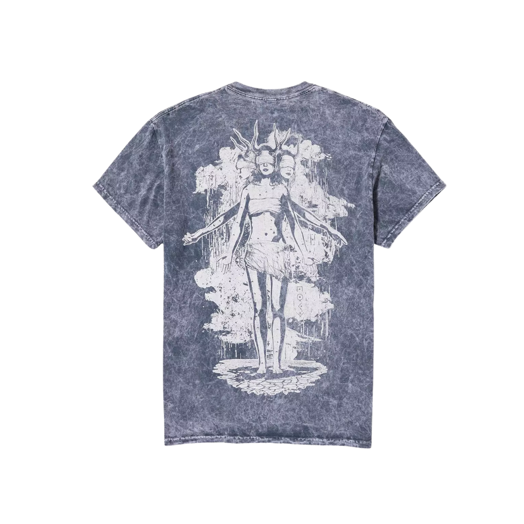 Blue t-shirt with a white graphic design on a white background