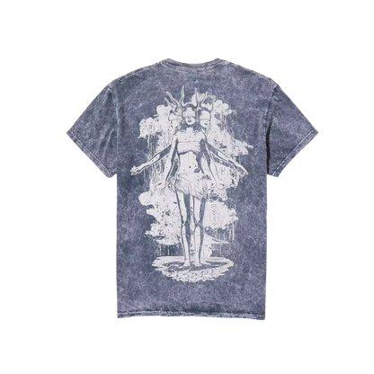 Blue t-shirt with a white graphic design on a white background