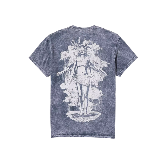 Blue t-shirt with a white graphic design on a white background