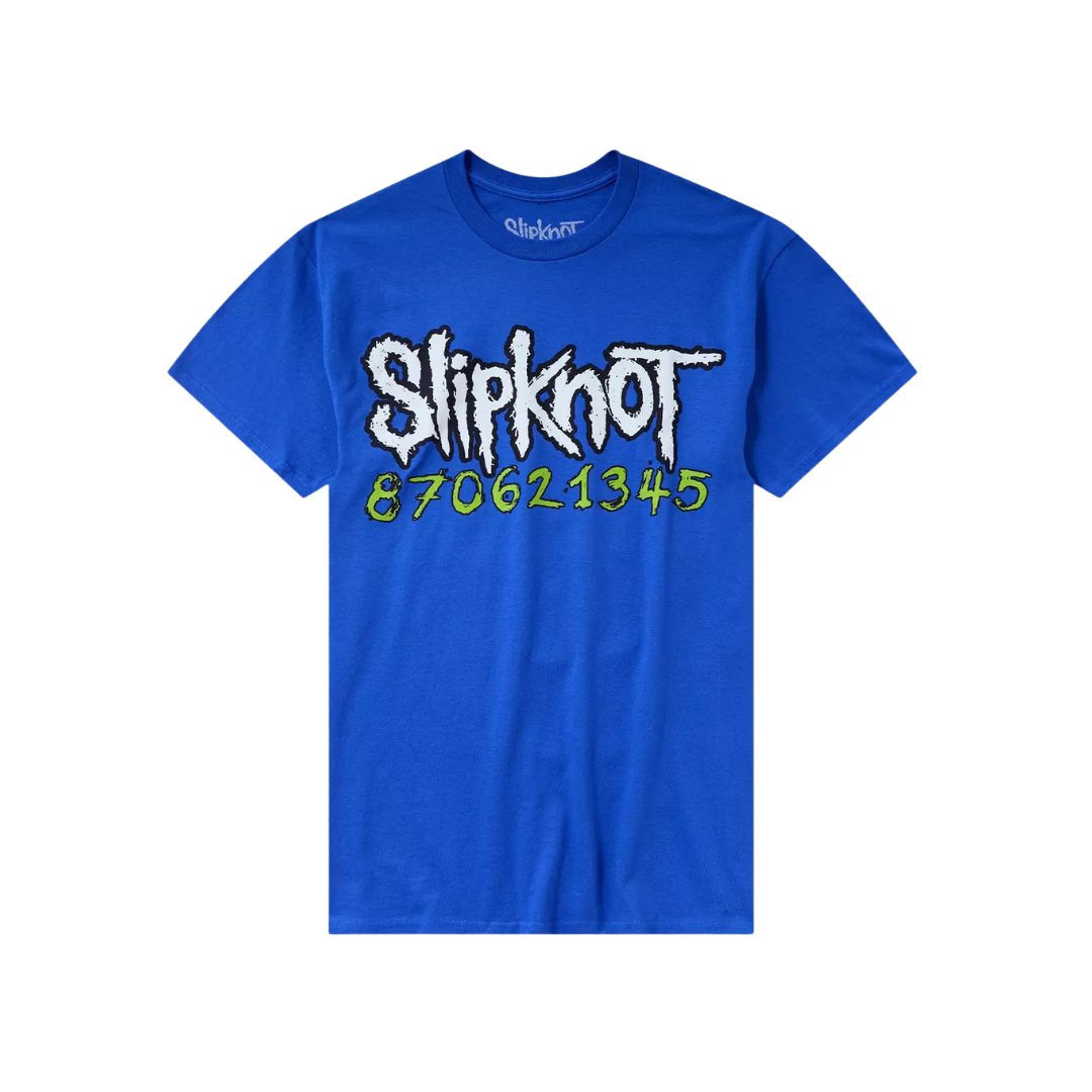 Blue t-shirt with 'Slipknot' logo and phone number on a white background