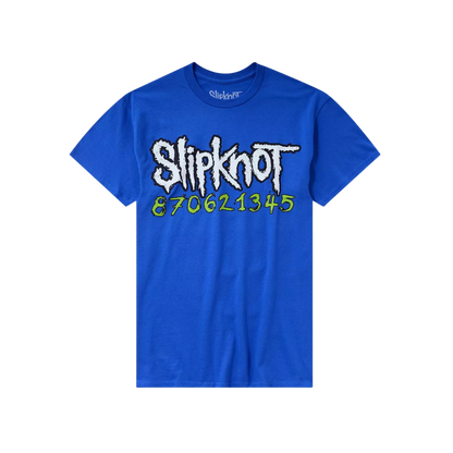 Blue t-shirt with 'Slipknot' logo and phone number on a white background