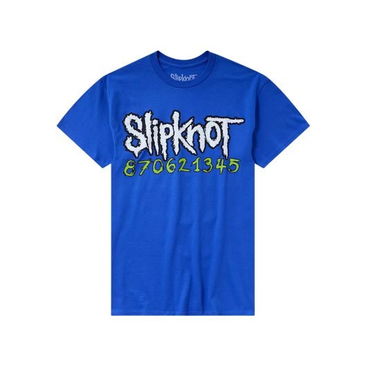 Blue t-shirt with 'Slipknot' logo and phone number on a white background
