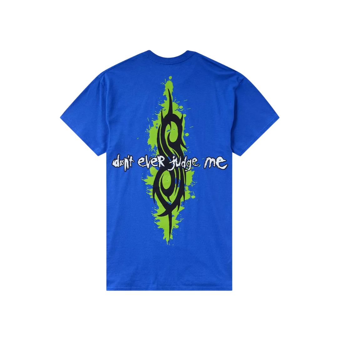 Blue t-shirt with green and black design on the back