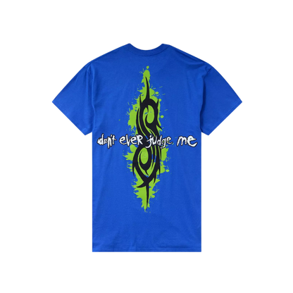 Blue t-shirt with green and black design on the back