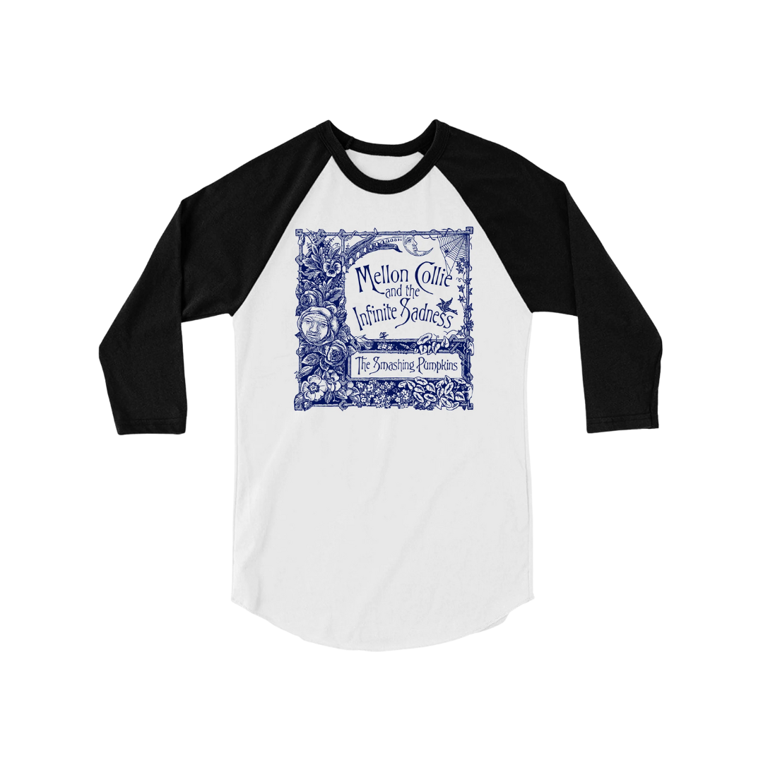 Black and white baseball shirt with blue graphic design on a white background