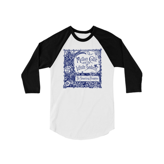 Black and white baseball shirt with blue graphic design on a white background