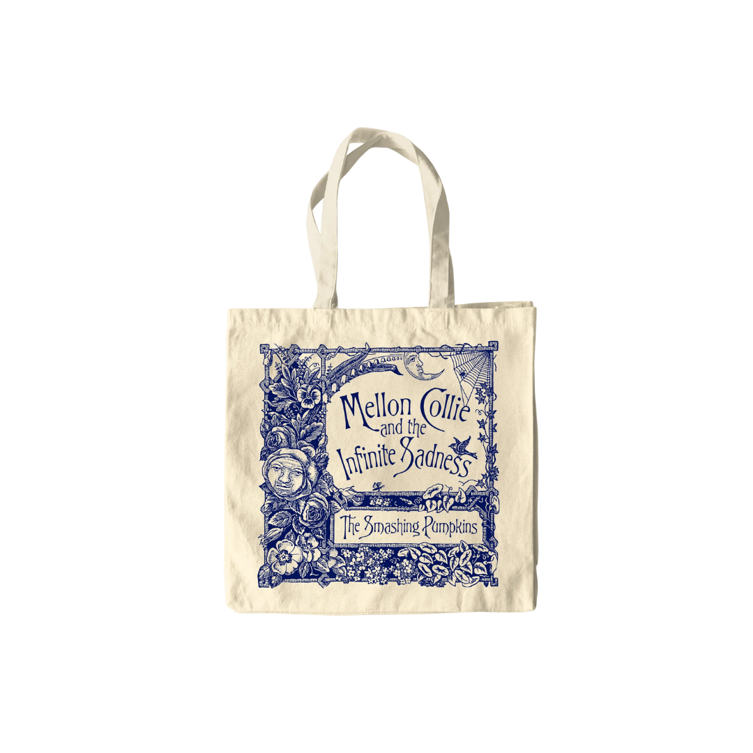 Tote bag with blue design and text on a white background