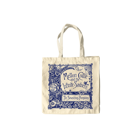 Tote bag with blue design and text on a white background
