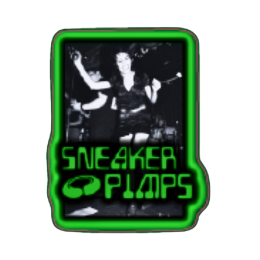 Black, white and green sticker with 'Sneaker Pimps' branding on a black background