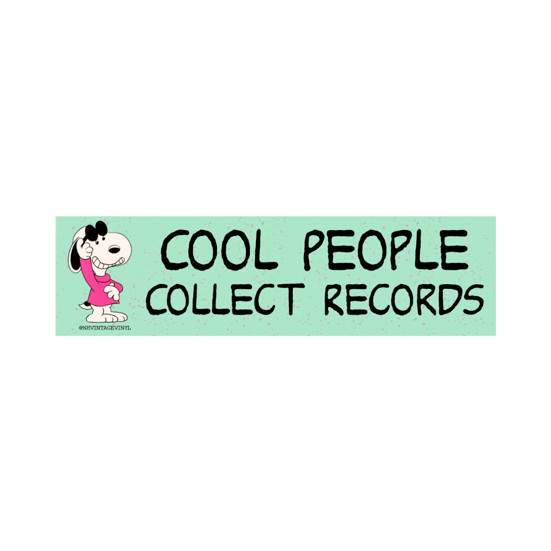 Sticker with Snoopy and text 'Cool people collect records' on a green background