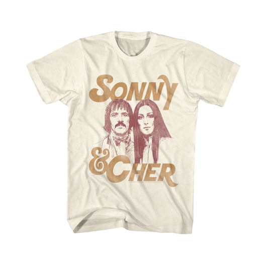 T-shirt with 'Sonny & Cher' graphic on a white background