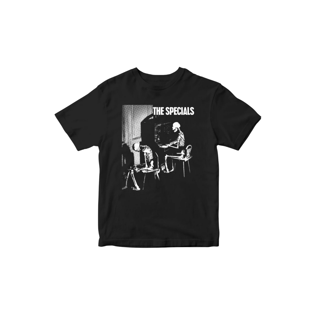 Black t-shirt with 'The Specials' graphic design on a white background