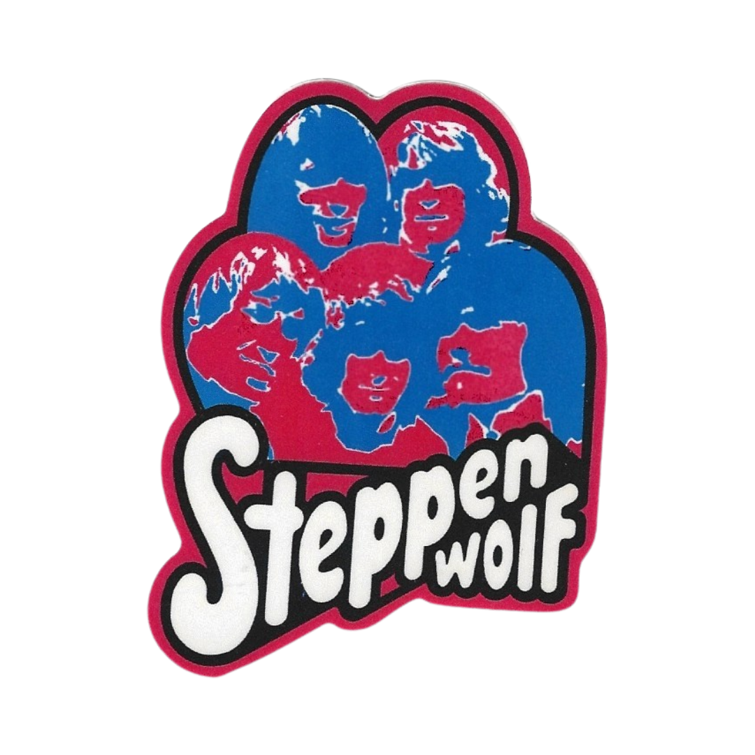 Sticker of Steppenwolf band members with their name in bold letters on a white background