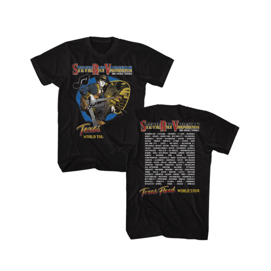 Black t-shirt with graphic design and text on a white background