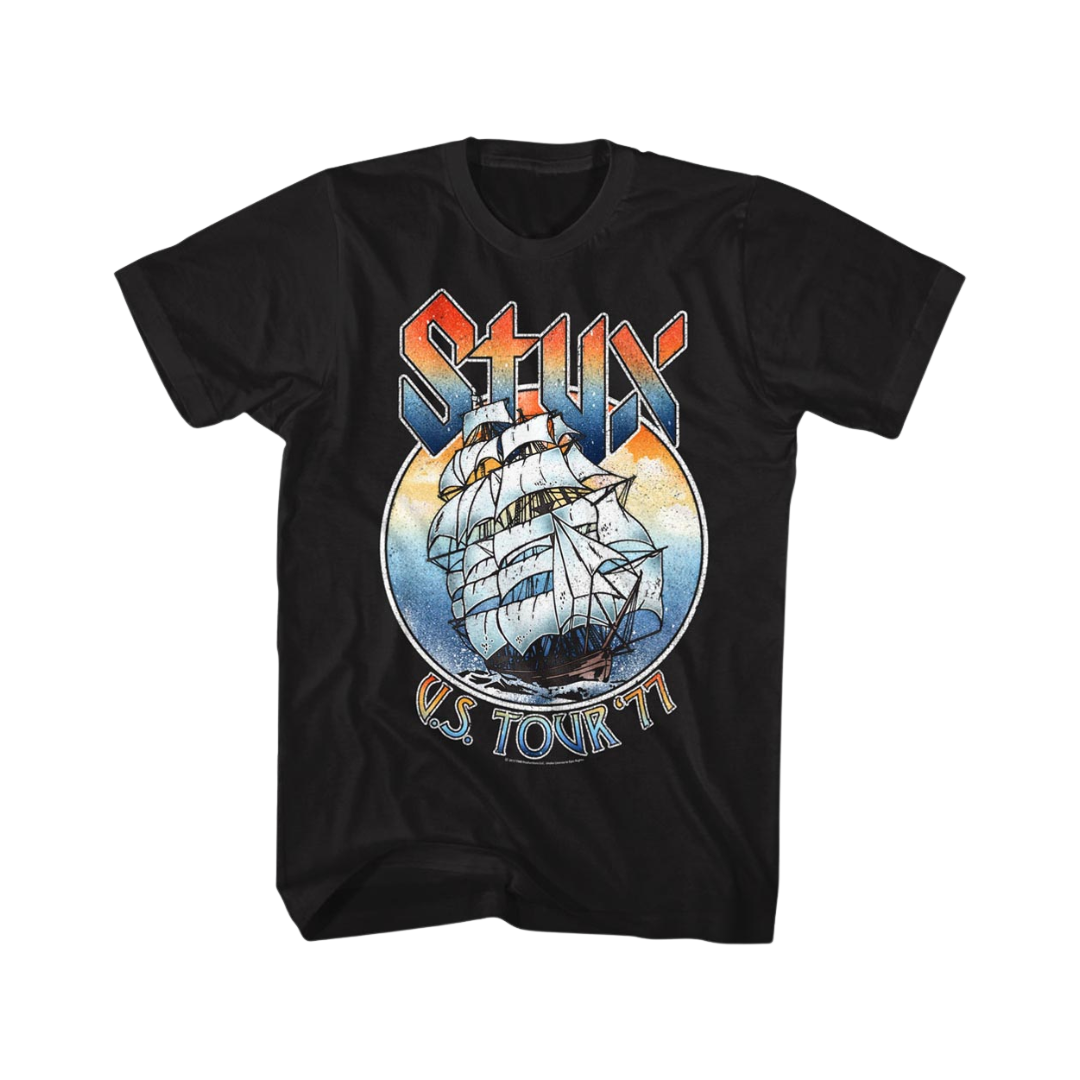 Black t-shirt with a ship graphic and 'Styx' text on a white background