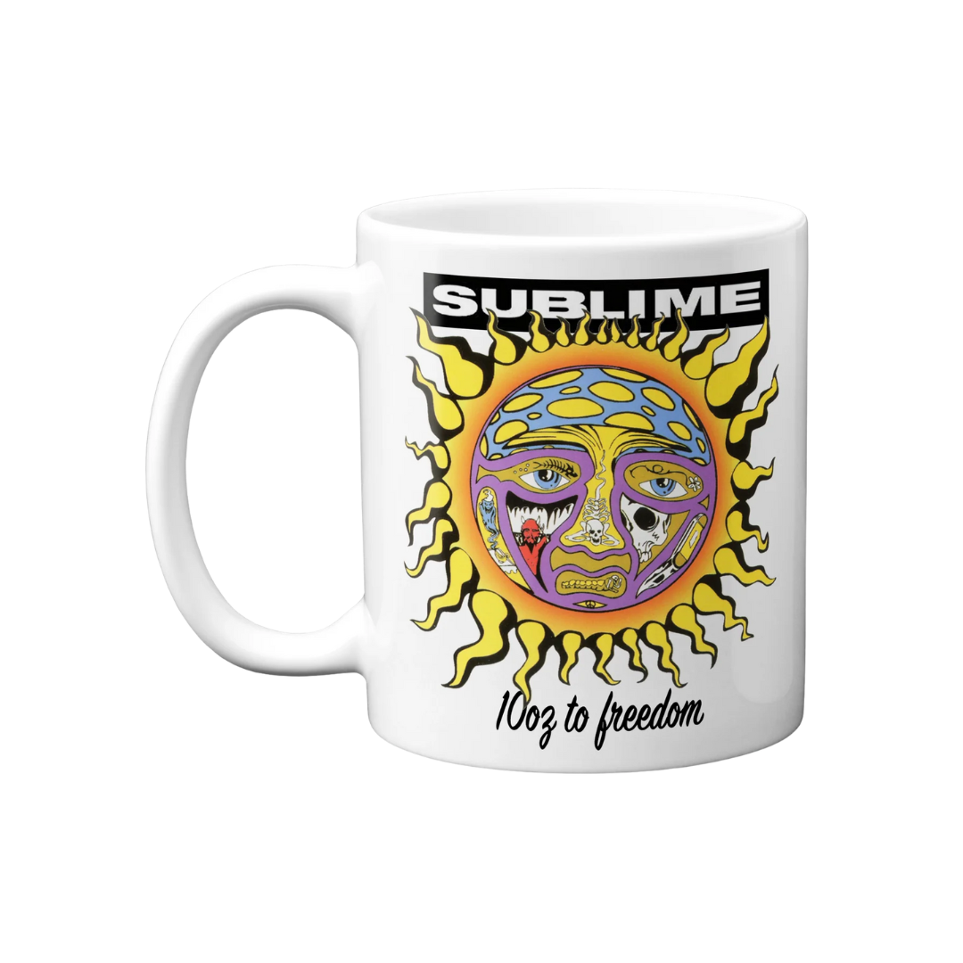 White mug with colorful design and 'Sublime' text on a white background