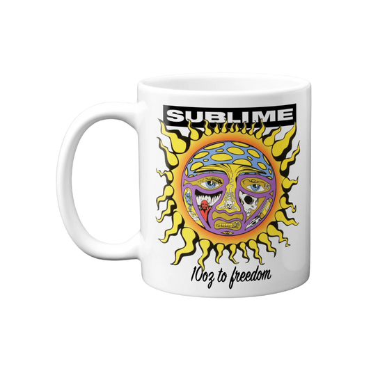 White mug with colorful design and 'Sublime' text on a white background