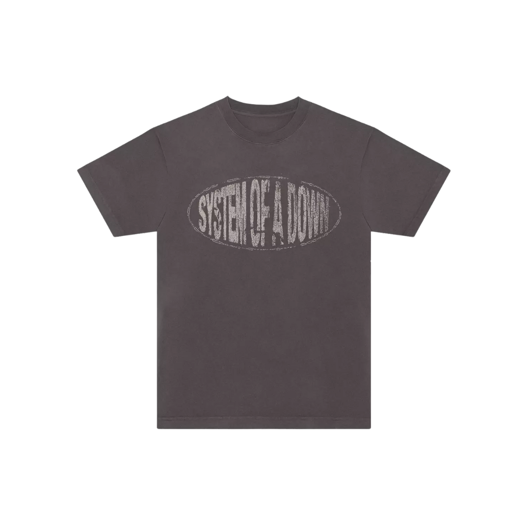 Gray t-shirt with 'System of a Down' logo on a white background