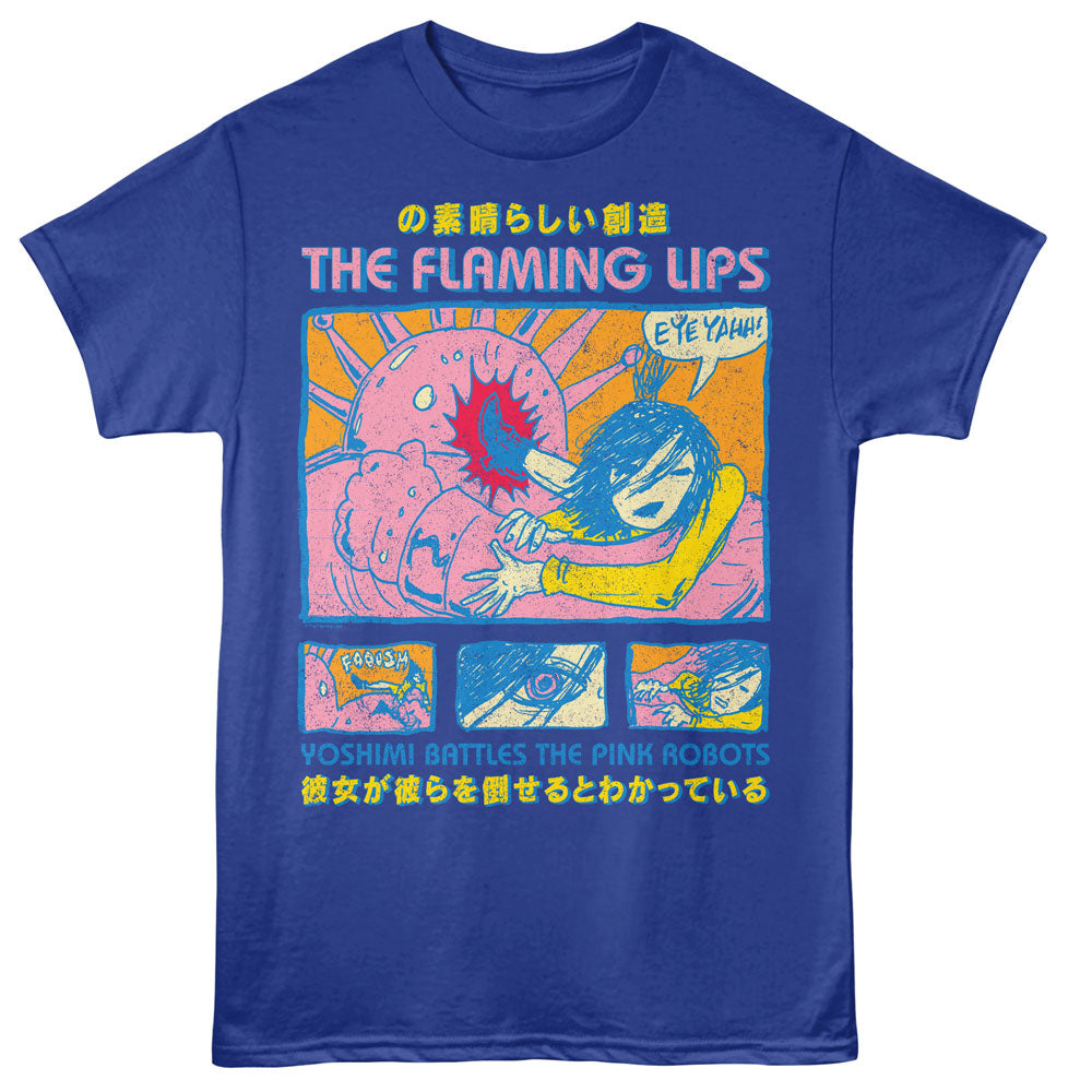 Blue t-shirt with colorful graphic design and text on a white background