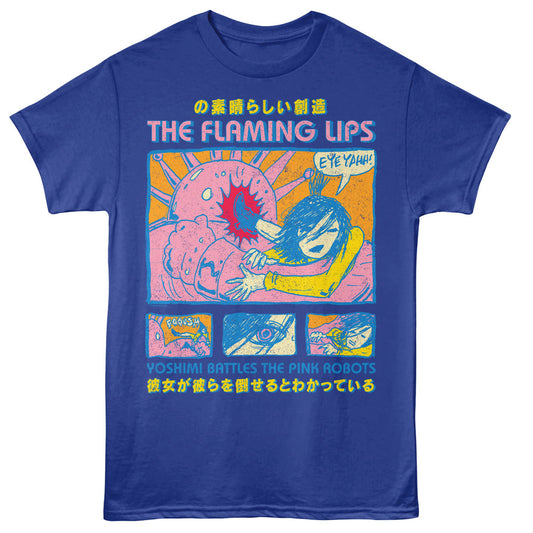 Blue t-shirt with colorful graphic design and text on a white background