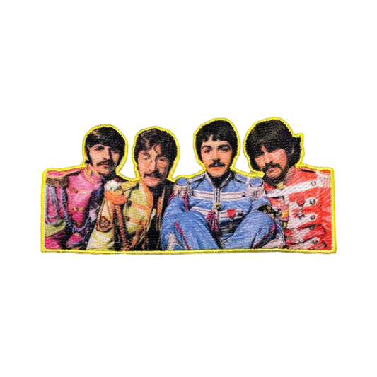 Four individuals in colorful outfits with a yellow border on a white background
