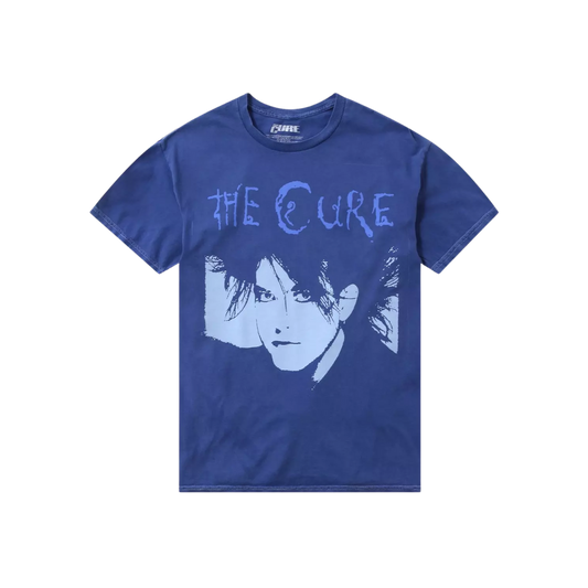 Blue t-shirt with 'The Cure' band logo on a white background